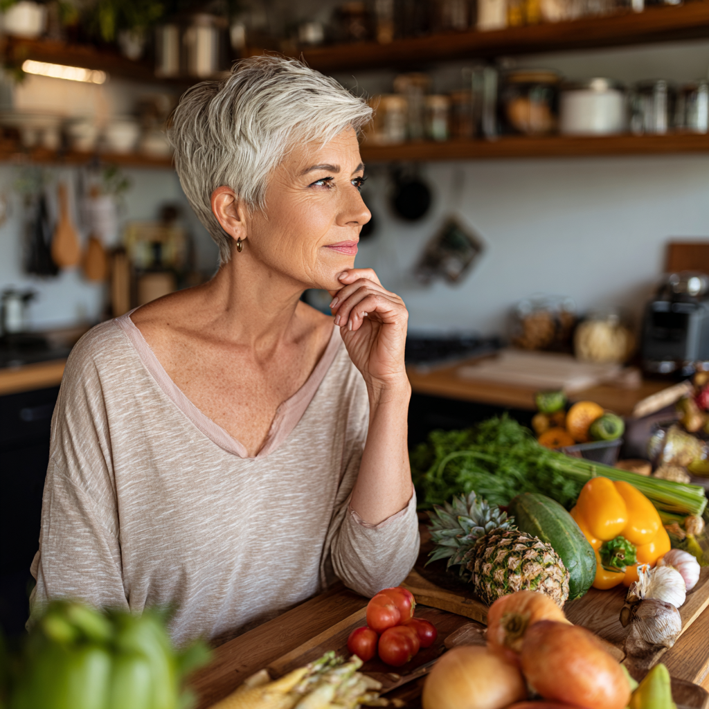 Mature woman planning healthy meals in her kitchen