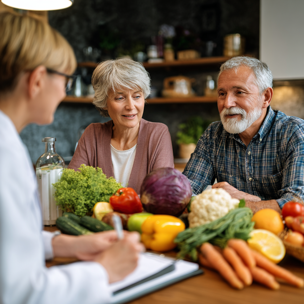 Older adults discussing nutrition planning with nutritionist